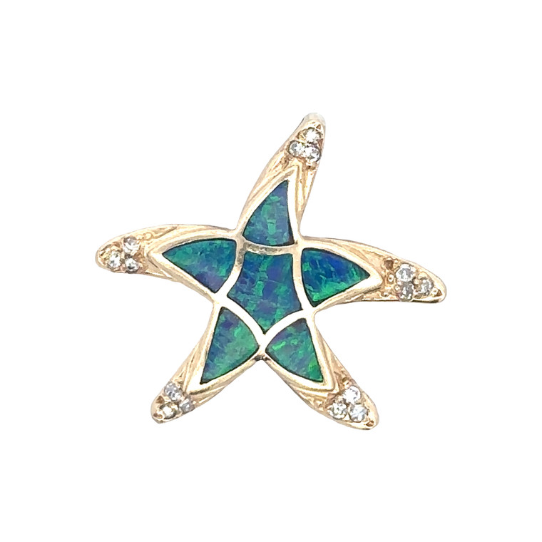 14K Gold Blue Opal Inlay with Diamond Bezel Accents Hawaiian Sea Star Starfish Slider Pendant