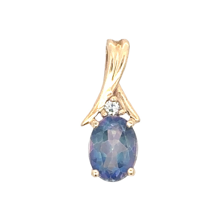 14K Gold Mystic Topaz Oval with a Cubic Zirconia Bezel Accent V-Bail Pendant