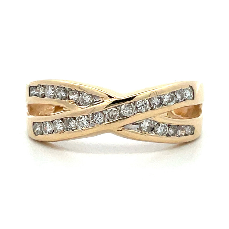 14K Yellow Gold Round Diamonds Cross Pattern Band Ring Size 8