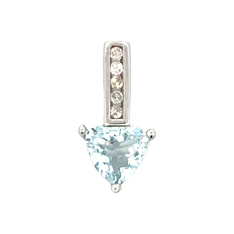 10K Gold Aquamarine Upside-Down Triangle with Channel- Set Diamond Bezel Accented Bail Pendant