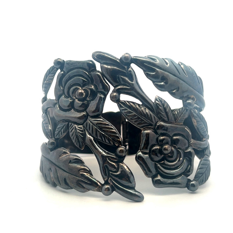 Sterling Silver Mexican Floral Open Work Hinge Cuff