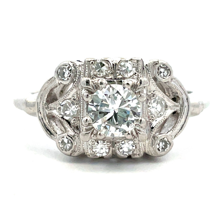 Vintage Platinum AP 0.40ct Center Stone Round Diamond Art Deco Filigree Engagement Ring Size 7