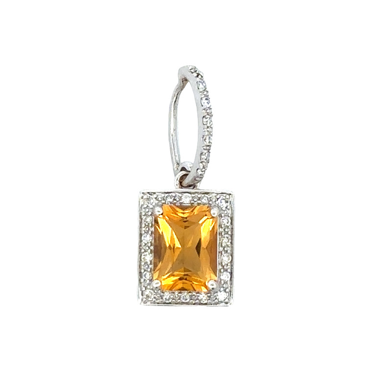 14K White Gold Citrine Square Filigree Box with a Diamond Bezel Halo Dangle Pendant