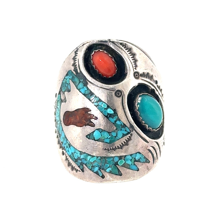 Old Pawn Sterling Silver Turquoise Coral Navajo Ring Size 10.75