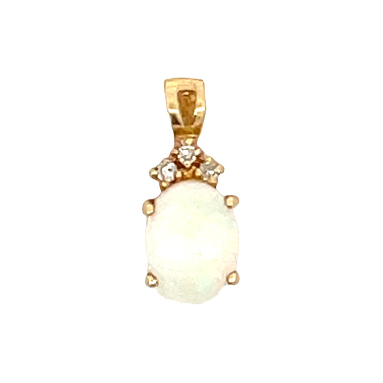 14K Gold Opal Cabochon Topped with 3-Diamond Bezel Accent Triangle Pendant