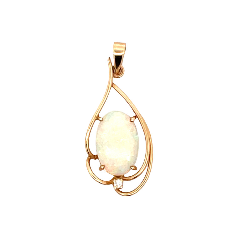 14K Gold Opal Oval with a Diamond Bezel Accent In a Pear-Shaped Setting Dangle Pendant