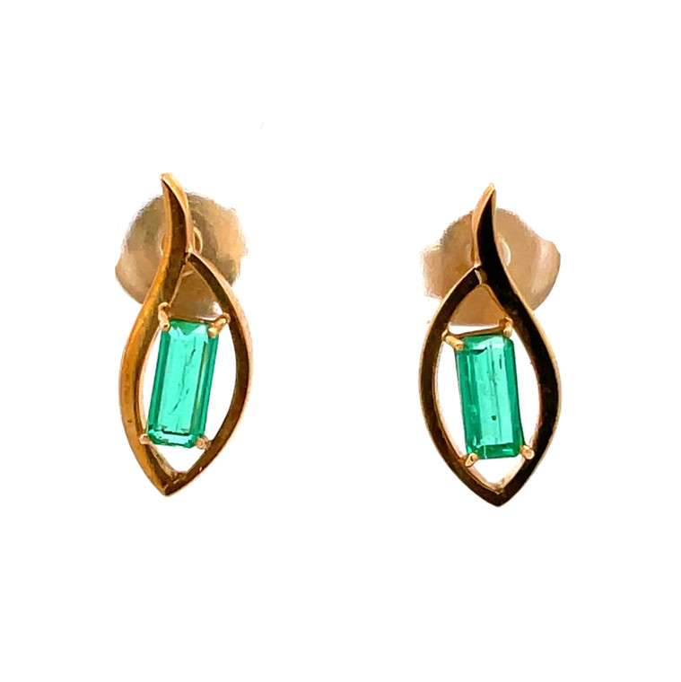 18K Gold Emerald Rectangle in a Marquise Wrap Setting Post Earrings