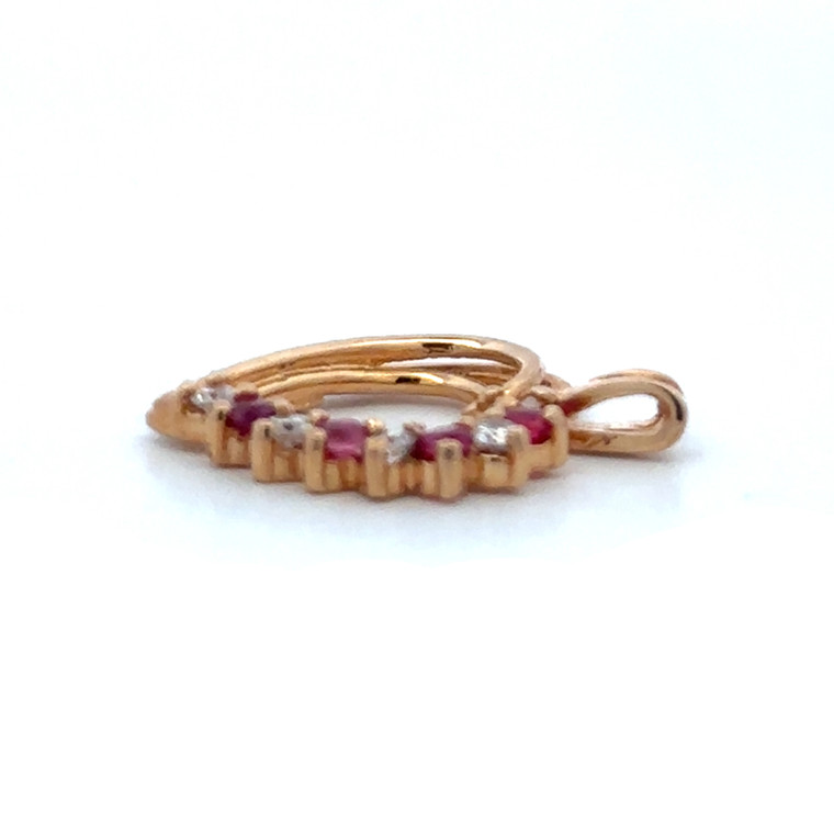 14K Gold One-Side Alternating Ruby and Diamond Bezels and One-Side 3 Band Heart V-Shaped Bail Pendant