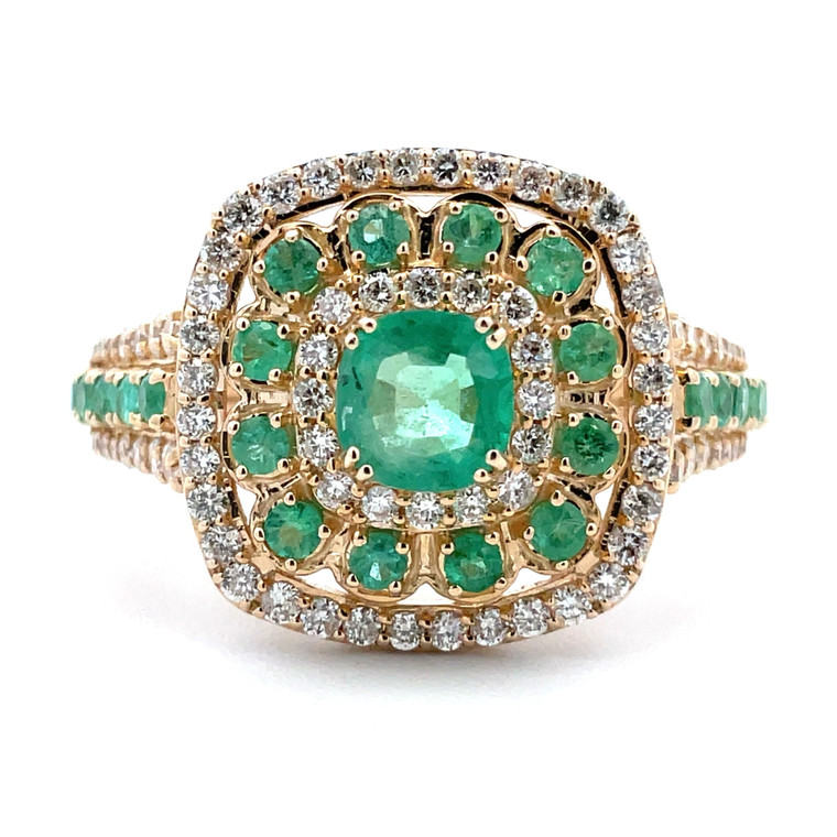 14k Yellow Gold AP 0.87cttw Round Emeralds and AP 0.54cttw Diamonds Statement Ring Size 7