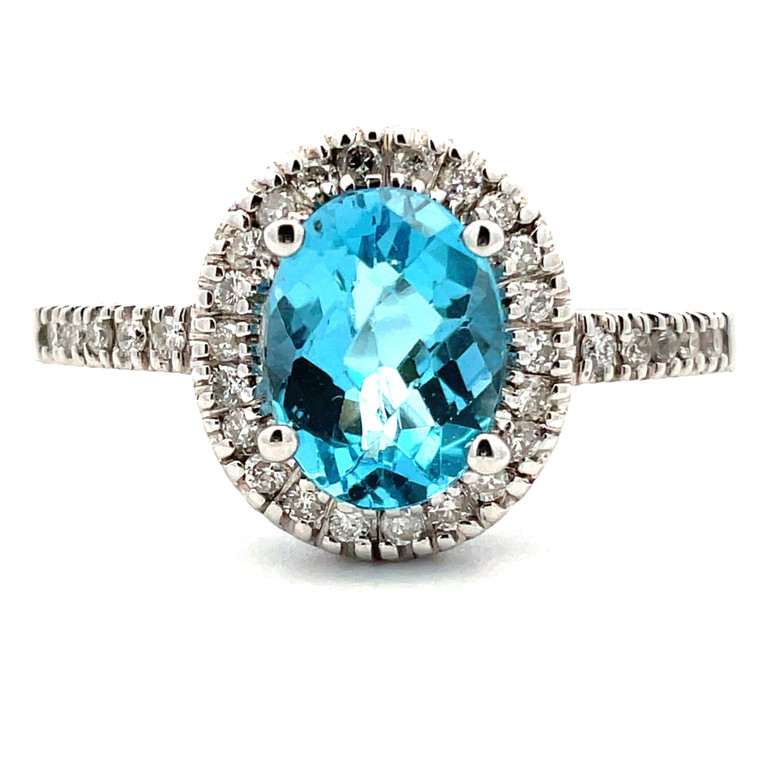 14K White Gold Oval Cut AP 1.28ct Blue Topaz with 0.15cttw Diamond Accents Ring Size 7