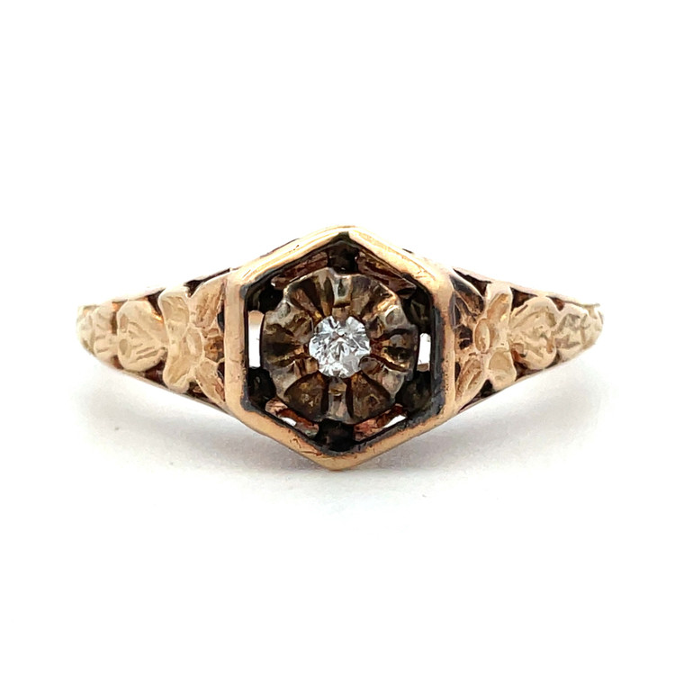 Antique 14K Yellow Gold App .05ct Old Mine Cut Solitaire Diamond Geometric Floral Design Engagement Ring Size 7