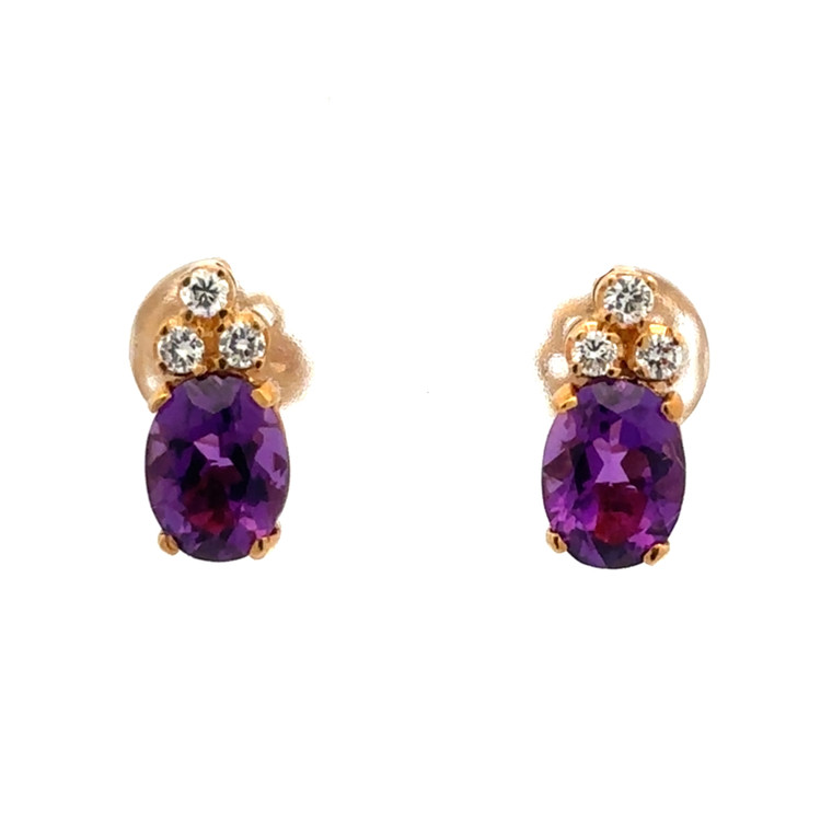 18K Gold Amethyst Oval with Triple Diamond Bezel Accents In a Triangle Stud Earrings