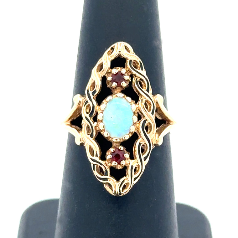 14K Gold Opal Oval with Double Garnet Accents in a Twisted Gold Marquise Setting Ring Size 6.25