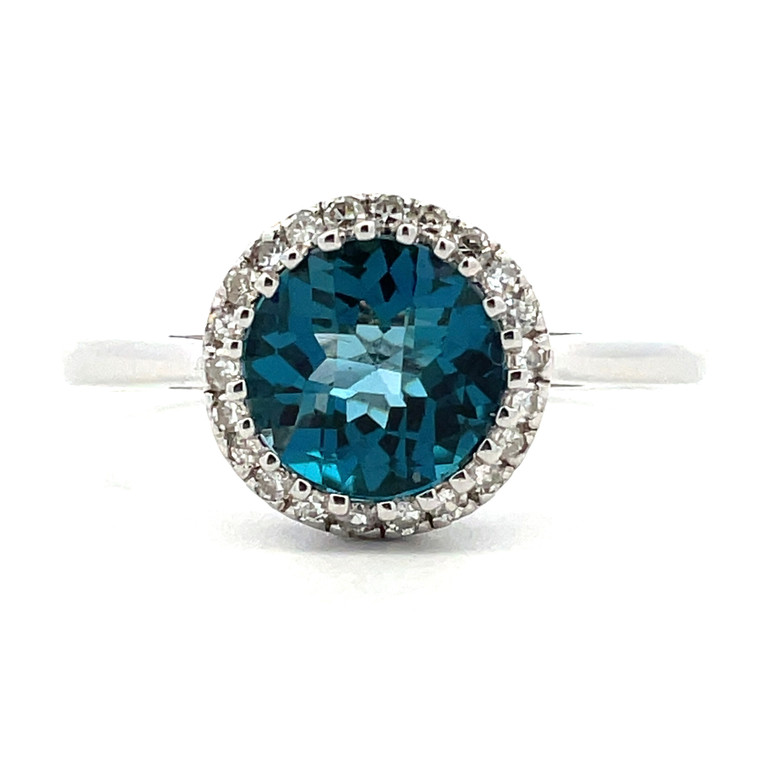 14K White Gold Round Checkerboard 1.28ct London Blue Topaz with 0.10cttw Diamond Halo Ring Size 6.75