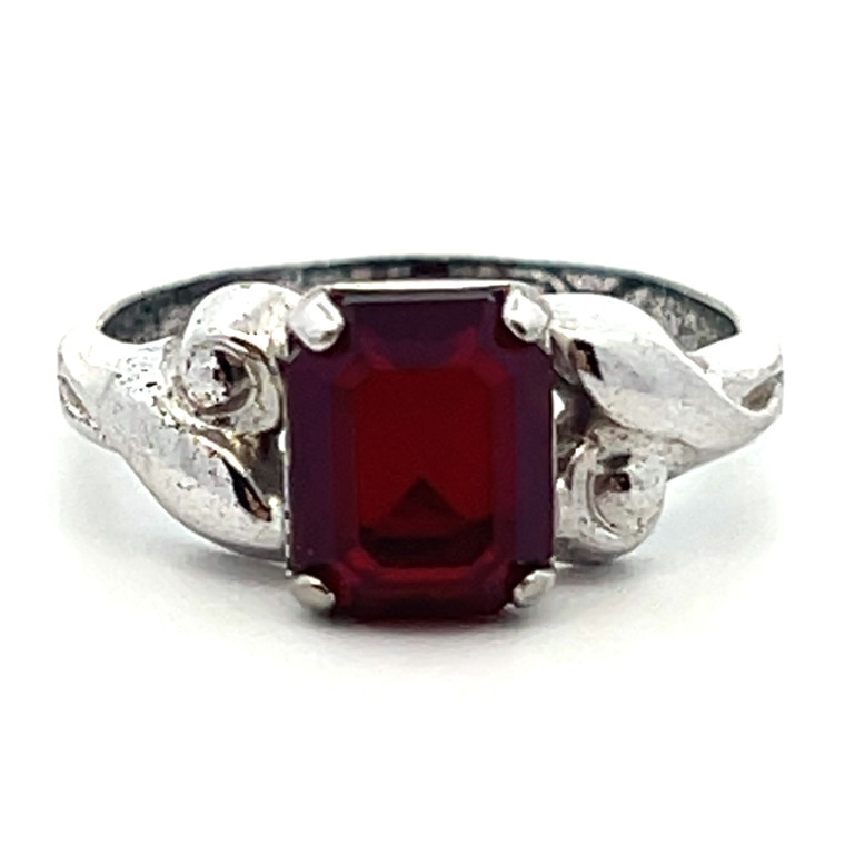 Sterling Silver Dark Red Gemstone Emerald Cut Statement Ring Size 5.75
