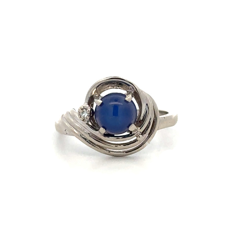 14K Gold Lindy Star Sapphire Cabochon Circle with a Diamond Accent in a Triple-Band Lower-Bypass Ring Size 5.75