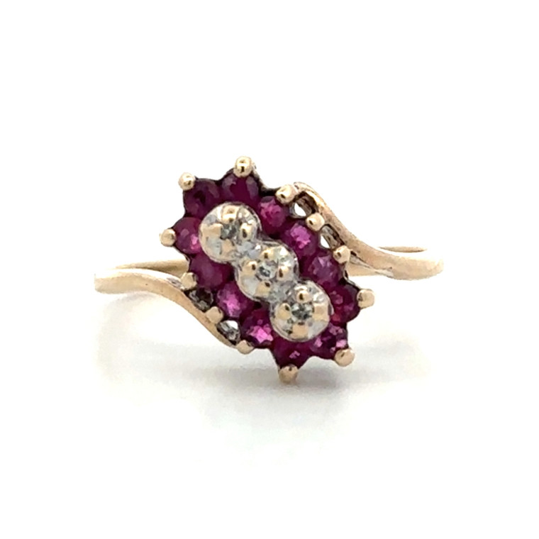 10K Gold Ruby Bezel Boat-Shaped Halo with 3-Diamond Bezel Center Stones Bypass Ring Size 3.5