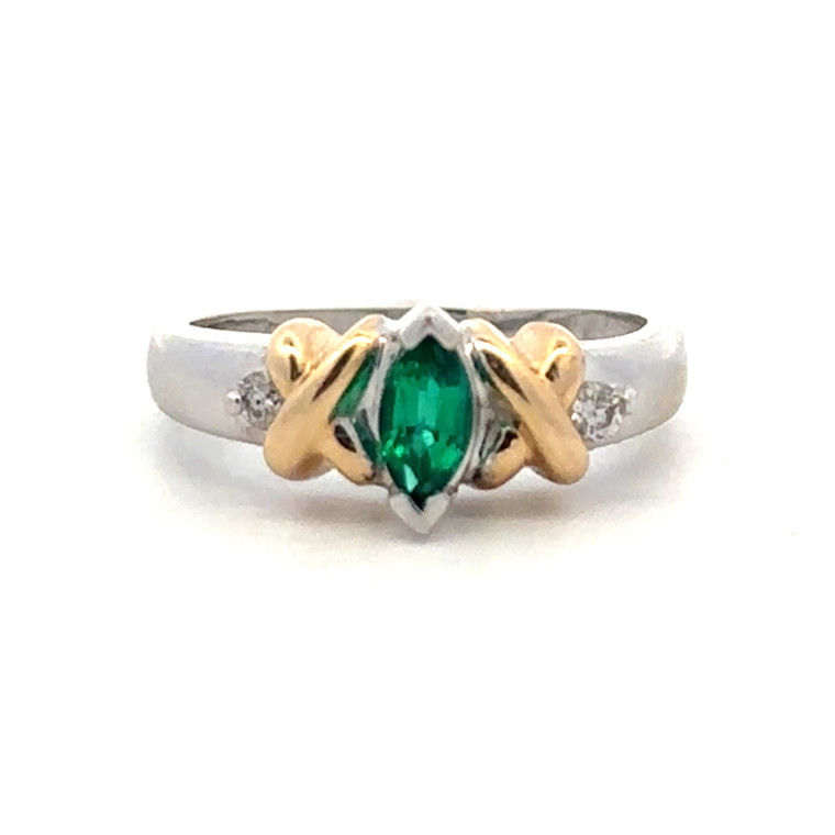 10K White Gold Emerald Marquise with Bilateral Yellow Gold X's and Diamond Accents Ring Size 4.75