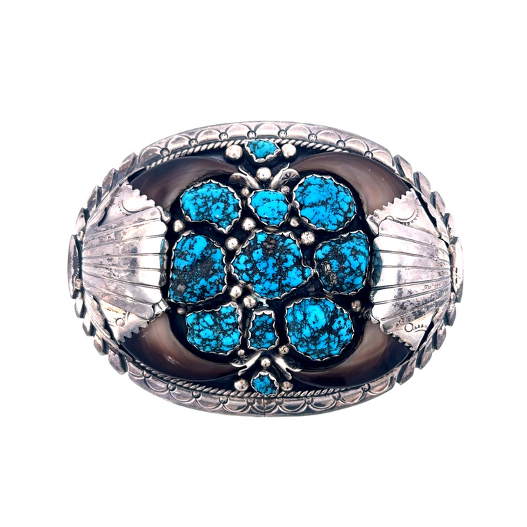 Vintage Southwest Navajo Sterling Silver Turquoise Bear Claw Belt Buckle - Signed JW Toadlena
