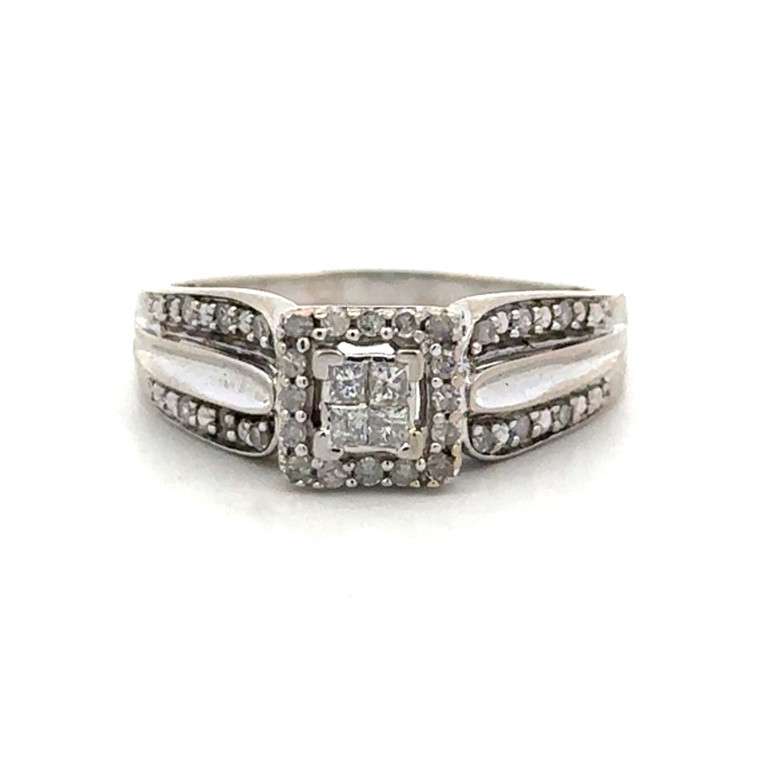 10K White Gold Diamond Quad-Square in a Diamond Square Halo with a Diamond Accented Band Wrap Ring Size 8