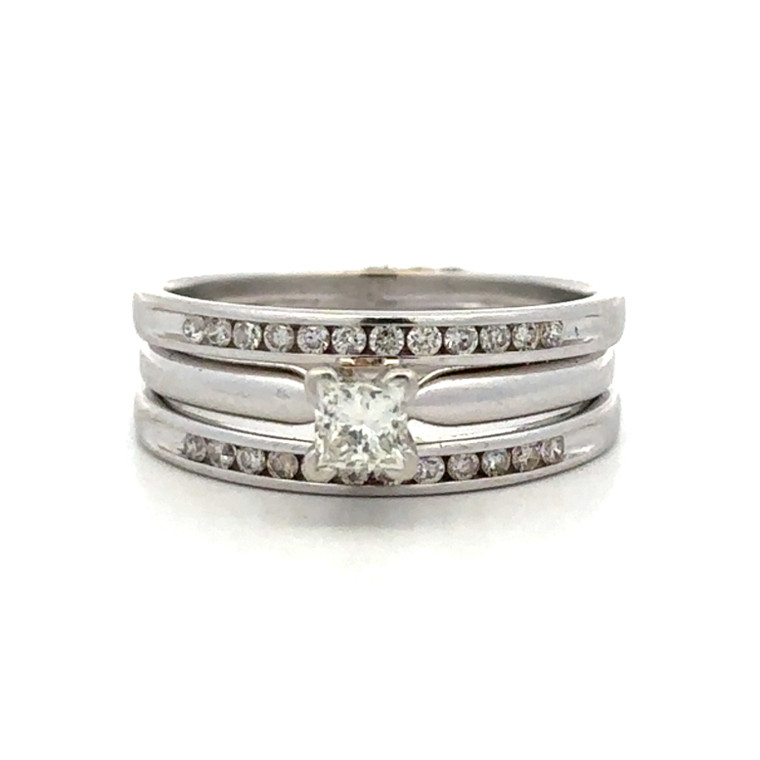 14K White Gold Central Square Diamond Band Wrapped in Diamond Partial Infinity Bands Wedding Ring Size 7