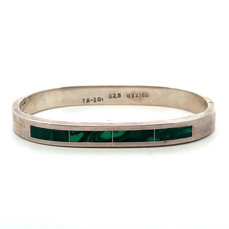 Sterling Silver Green Malachite Rectangle Inlay Bangel