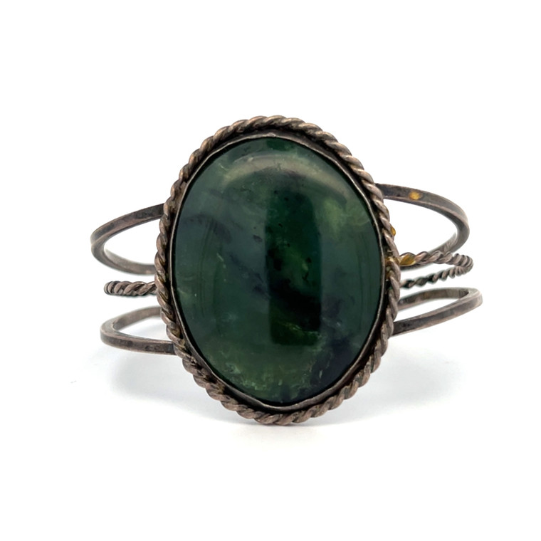 Sterling Silver Green Agate Oval Cut South Western Style Cuff