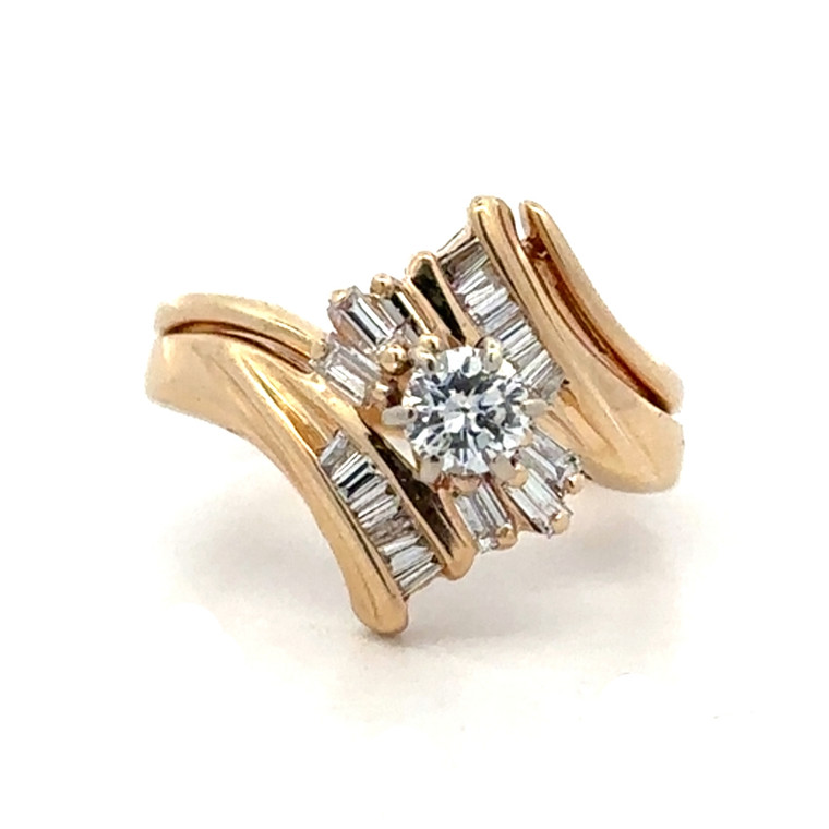 14K Gold Central Diamond Circle With Bilateral Rectangle Clusters in a Baguette Channel-Setting Bypass Double Band Ring Size 5