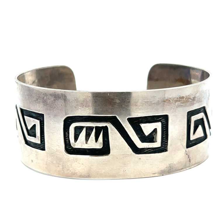 Sterling Silver Native American Geometric Overlay Vintage Navajo Style Cuff