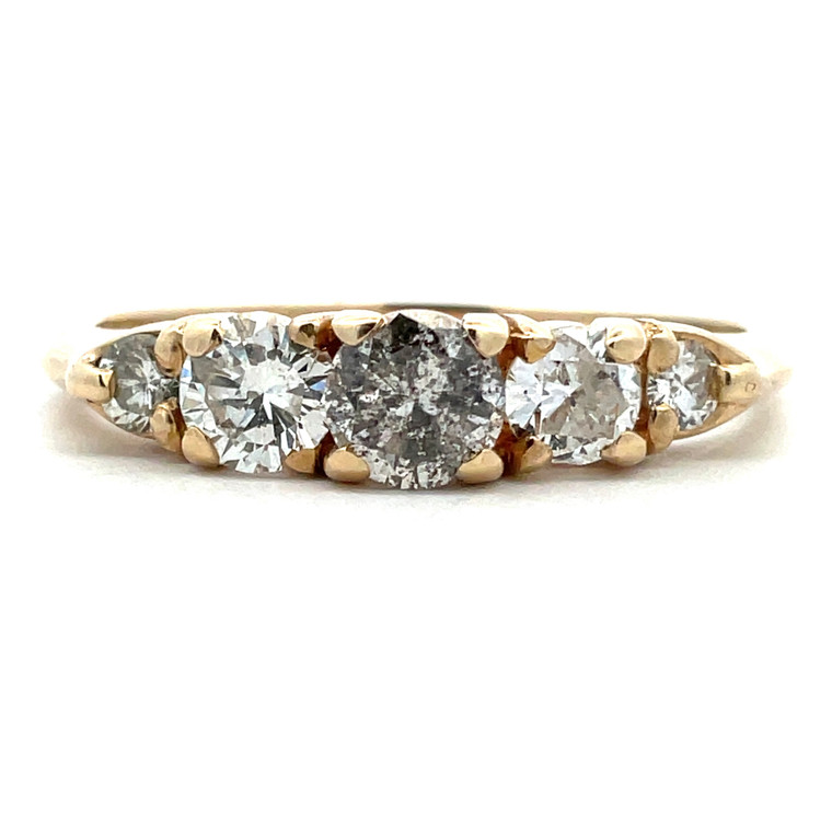 14K Yellow Gold 5 Stone Round Diamonds Salt and Pepper Diamond AP 0.35ct Center Stone Ring Size 9.5