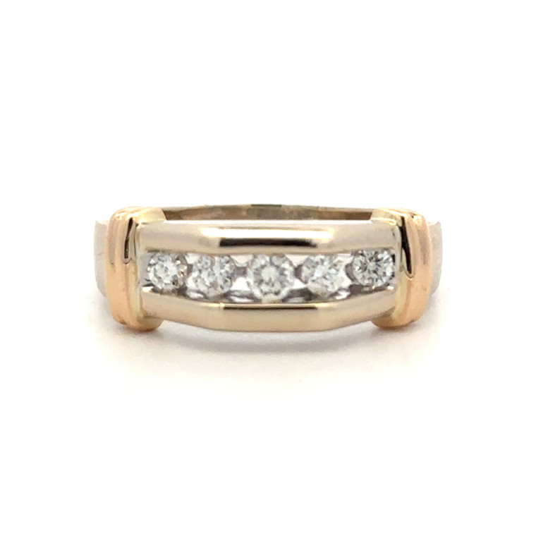 14K Gold Geometric 5-Diamonds in a Channel-Setting with Bilateral Yellow Gold Double Bands Ring Size 12