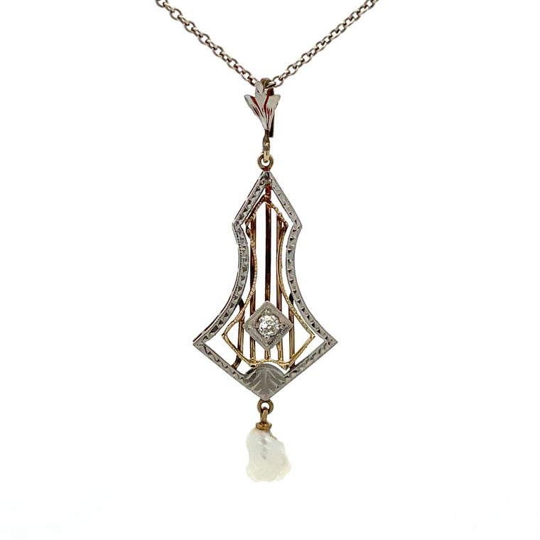 Vintage 14K White and Yellow Gold Two Tone Diamond and Pearl Art Deco Lavalier Necklace 18"