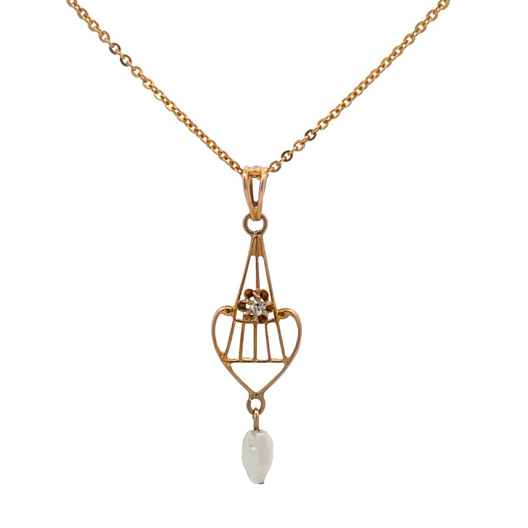 Vintage Scofield, Melcher, & Scofield 14K Yellow Gold Diamond and Pearl Art Deco Lavalier Necklace 15.5"