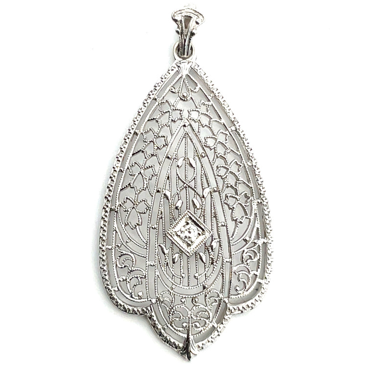 Vintage 14K White Gold Filigree Art Deco Diamond Pendant