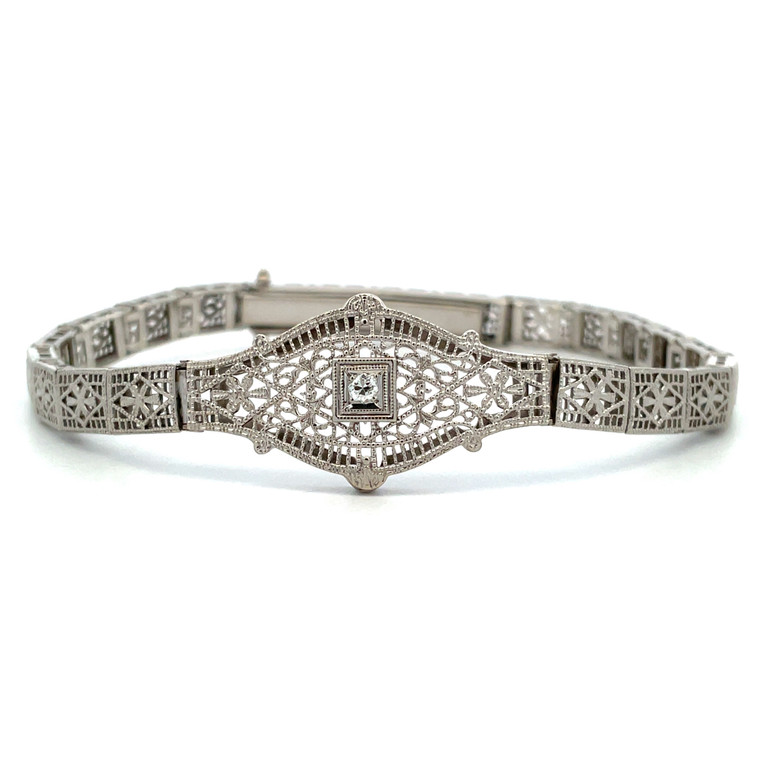 Vintage 10K White Gold Diamond Filigree Flower Bracelet Approx. 7"