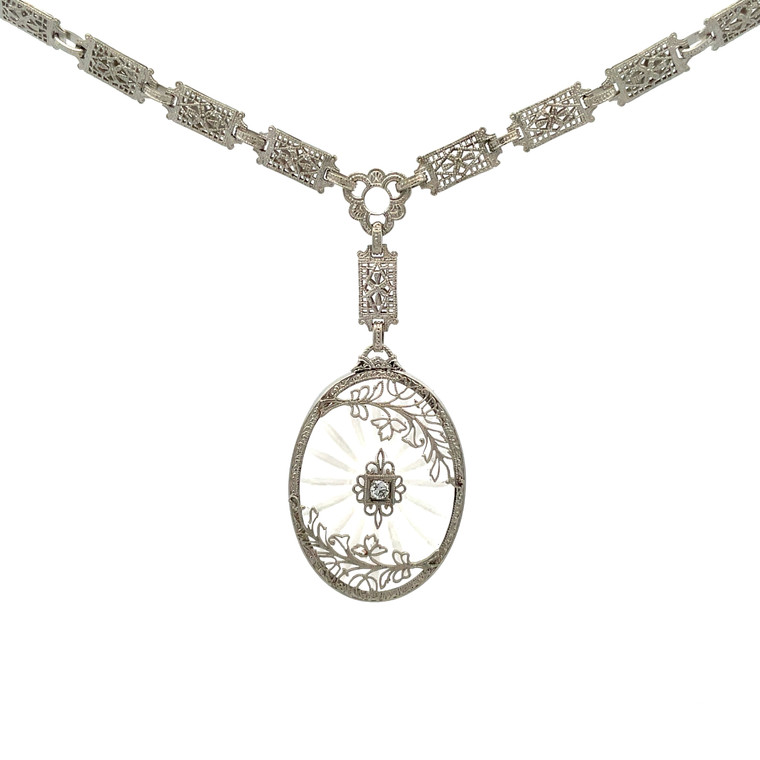 10K White Gold Camphor Glass Style Frosted Quartz Intricate Filigree Art Deco Diamond Necklace 16"