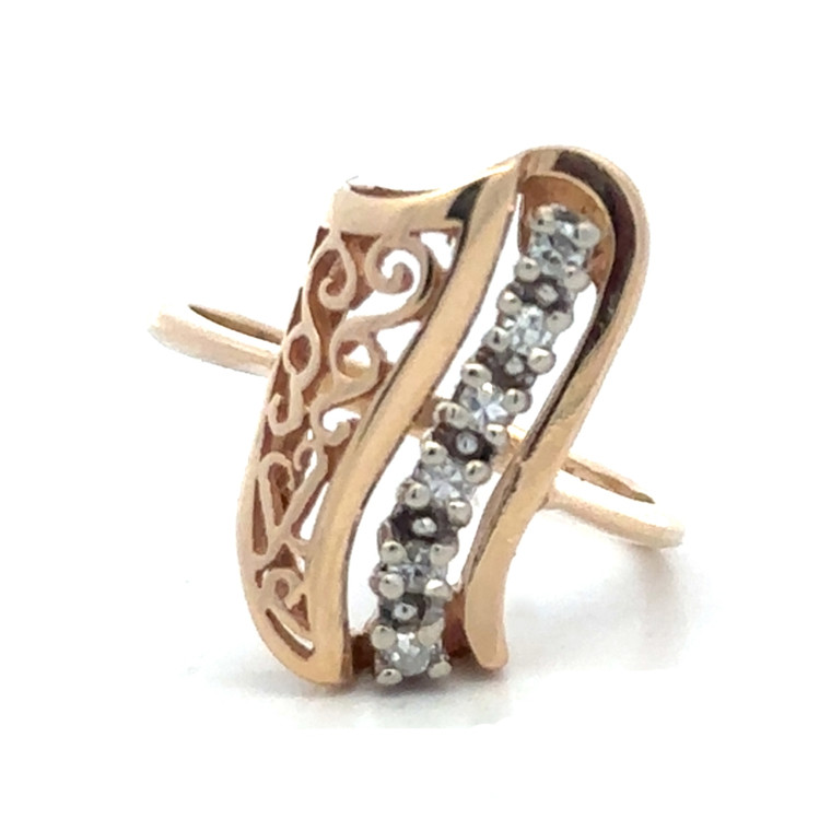 14K Gold Diamond Accented Wave in a White Gold Setting in a One-Side Filigree Setting Ring Size 5.75