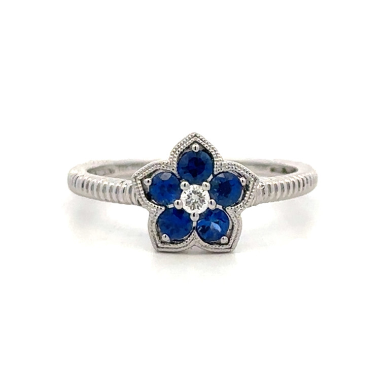 14K White Gold 1/2cttw Sapphire Flower Petals with a .05tw Diamond Circle Center on a Coiled Band Ring Size 7.25
