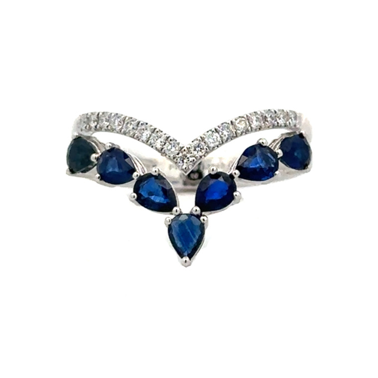 Platinum 1.14tw Sapphire Teardrop and .16tw Diamond Bezel Double Chevron V-Shaped Ring Size 6.75