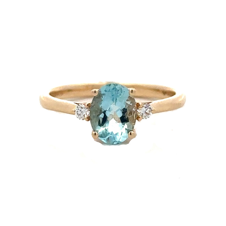 14K  Gold 1.04tw Aquamarine Oval with .08tw Bilateral Diamond Accents Ring Size 6.5