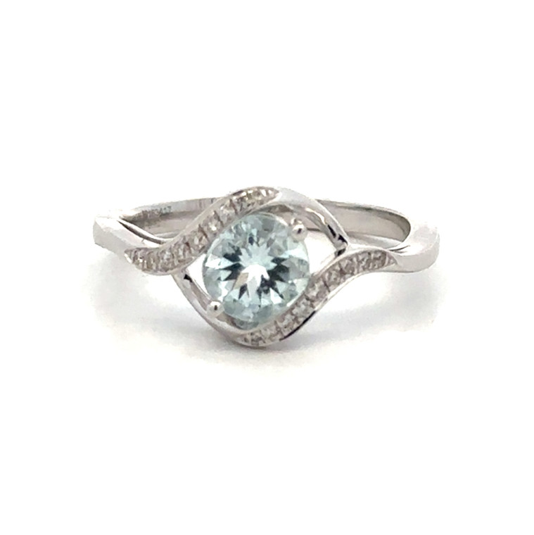 14K White Gold .72tw Aquamarine Circle with .09tw Bilateral Diamond Bezel Accents on Wrap Bypass Ring Size 6.75