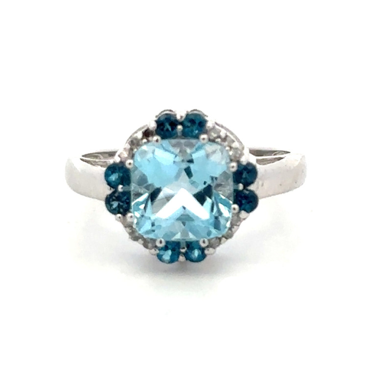 10K White Gold 2.25.tw Blue Topaz Square with Alternating .06tw Diamond and Blue Topaz Bezel Halo Ring Size 6.75