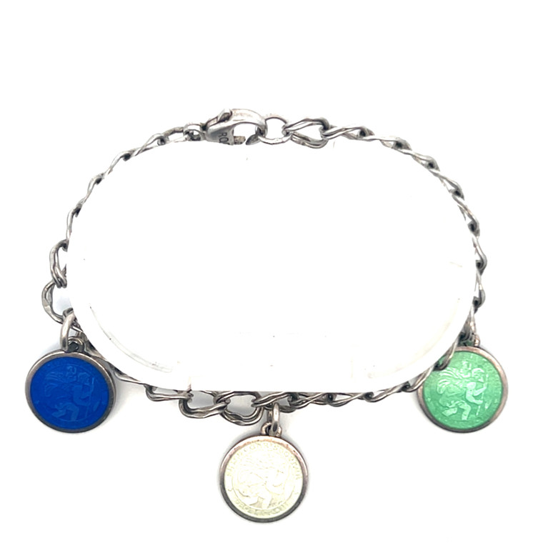 Sterling Silver Enamel St Christopher Coin Charm Bracelet