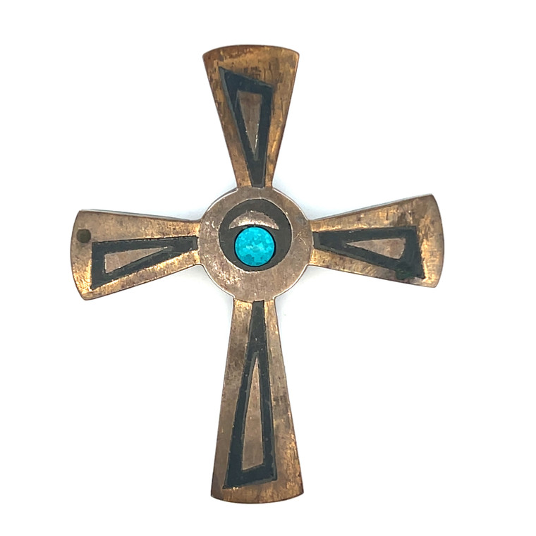 Sterling Silver Turquoise Cross With Black Geometric Inlay Pin And Pendent