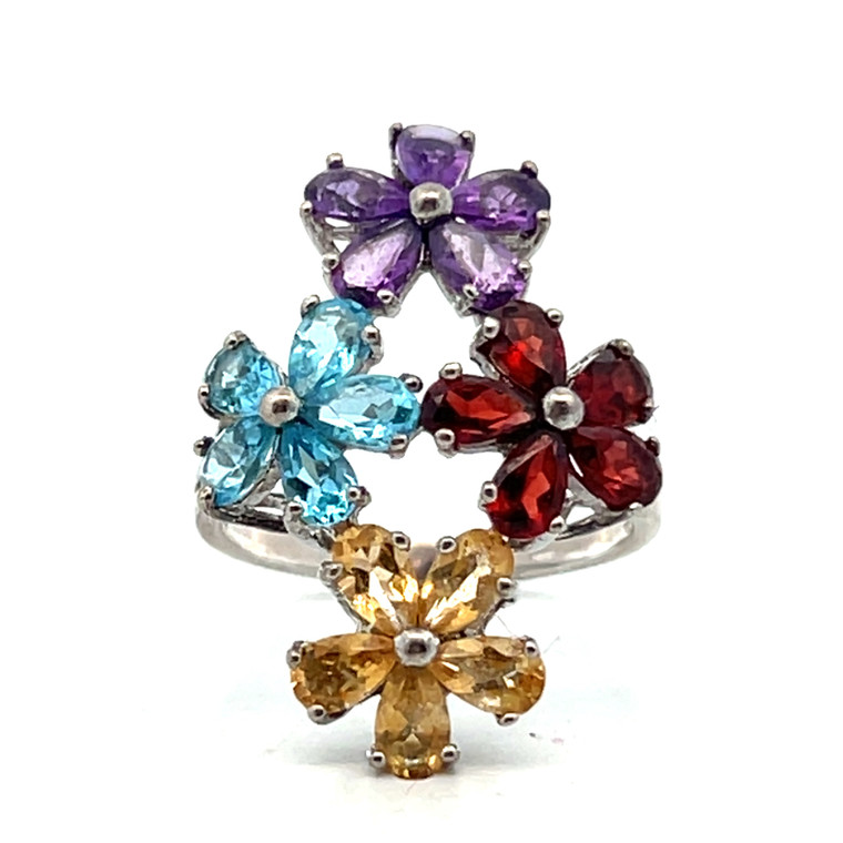 Sterling Silver Multi Gemstone Floral Cluster Ring Size 8