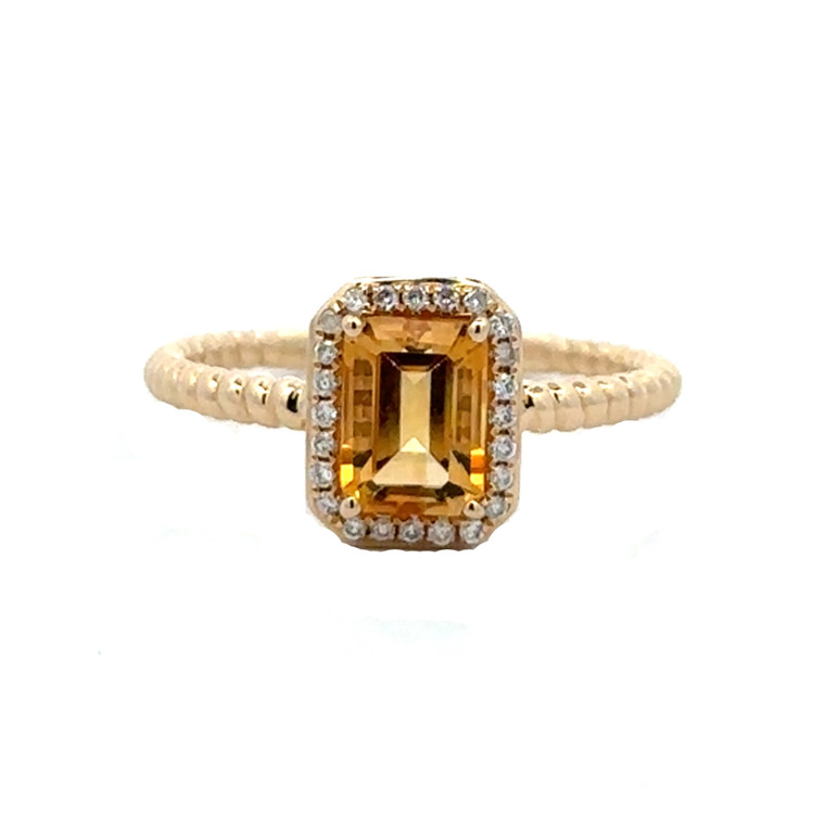 14K Gold 1.05tw Citrine Rectangle with .10tw Diamond Halo and Ribbed-Textured Band Ring Size 6.5