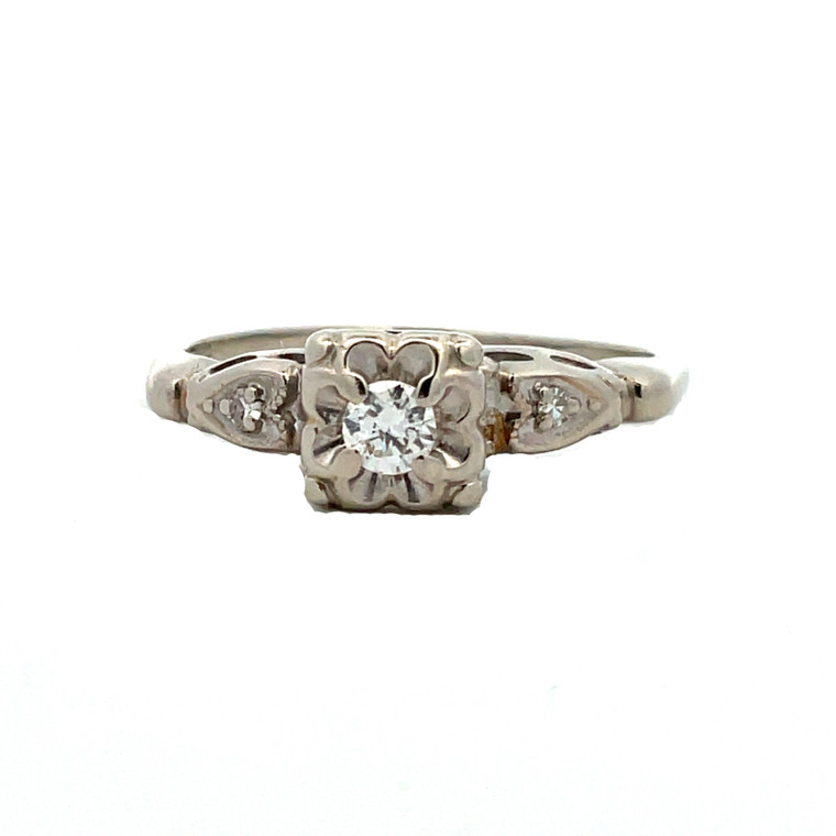 14K White Gold Central Diamond Circle in a Square-Setting with Bilateral Diamond Bezels in Teardrop-Setting Ring Size 6.75