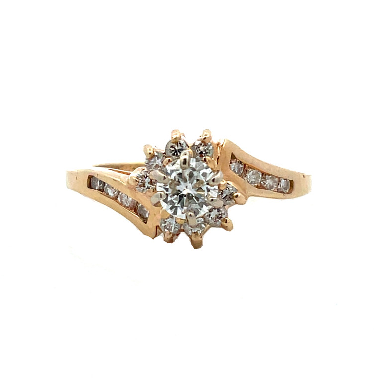 14K Yellow Gold App .30ct Round Diamond with Bypass Halo Channel Set Band Engagement Ring Size 6.75