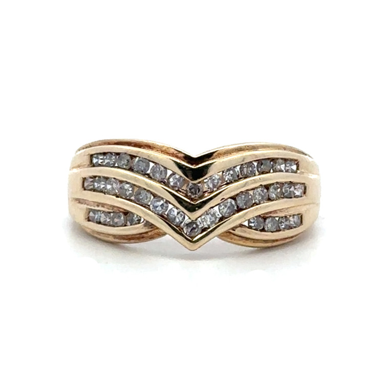 10K Gold Diamonds in a Channel-Setting Triple Chevron V-Shaped Band Ring Size 7