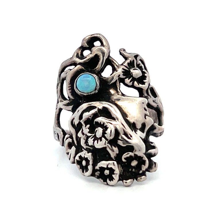 Sterling Silver Opal Cabochon Open Work Floral Statement Ring Size 7.75